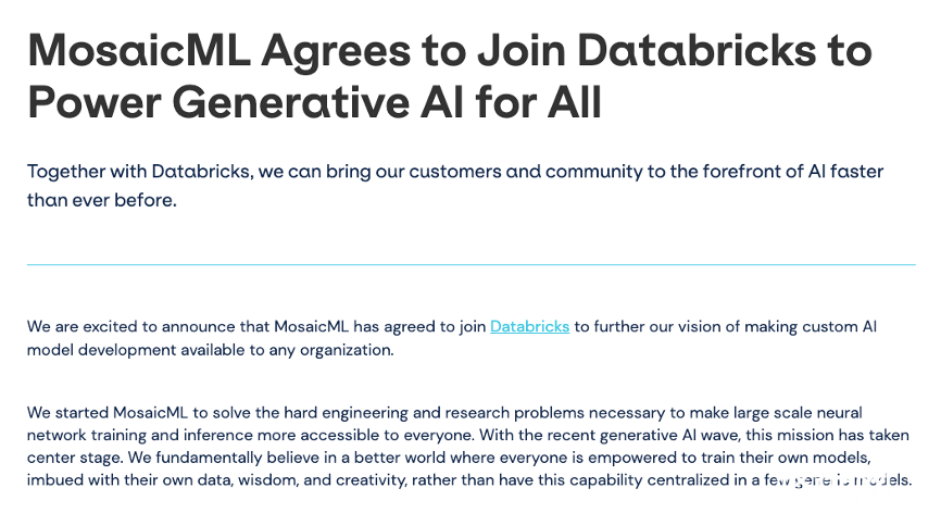 AIGC领域最大收购：Databricks 13亿美元买下MosaicML，成立仅2年员工60人